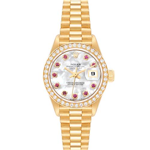This Rolex President 69138 Women's Yellow Gold Mother of Pearl Dial 69138 Women's Yellow Gold Mother of Pearl Dial watch model is shown from the front, displaying its dial, bezel with diamonds, and bracelet.