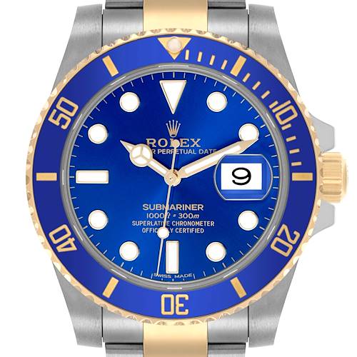 The Rolex Submariner 116613LB Men's Steel and Gold (two tone) Blue Dial 116613LB Men's Steel and Gold (two tone) Blue Dial watch is shown from the front, displaying its blue dial, gold bezel, and crown.