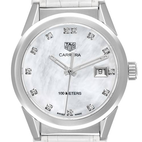 This image of the Tag Heuer Carrera WBG1312 Women's Stainless Steel Mother of Pearl Dial WBG1312 Women's Stainless Steel Mother of Pearl Dial shows the watch face, dial, hands, date window, crown, and part of the strap.