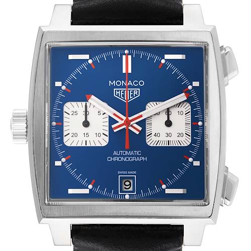 The image shows a head-on view of the Tag Heuer Monaco CAW211P Men's Stainless Steel Blue Dial CAW211P Men's Stainless Steel Blue Dial watch, highlighting its blue dial, square case, chronograph subdials, and date window.