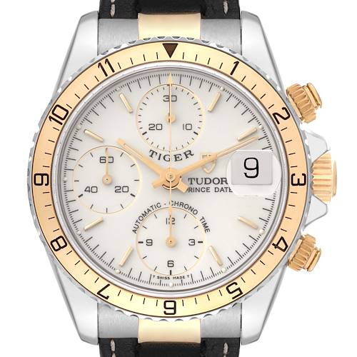 The image shows a frontal view of the Tudor Tiger 79273P Men's Steel and Gold (two tone) White Dial 79273P Men's Steel and Gold (two tone) White Dial model watch, highlighting its bezel, dial, subdials, and date window.
