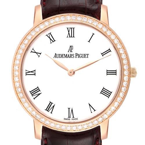 This image shows a Jules model watch by Audemars Piguet, featuring the dial, bezel, and part of the leather strap from the front.