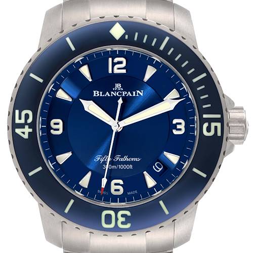 This image shows a frontal view of the Blancpain Fifty Fathoms 5015-12B40-052A Men's Titanium Blue Dial 5015-12B40-052A Men's Titanium Blue Dial watch, highlighting the blue dial, bezel, and crown.