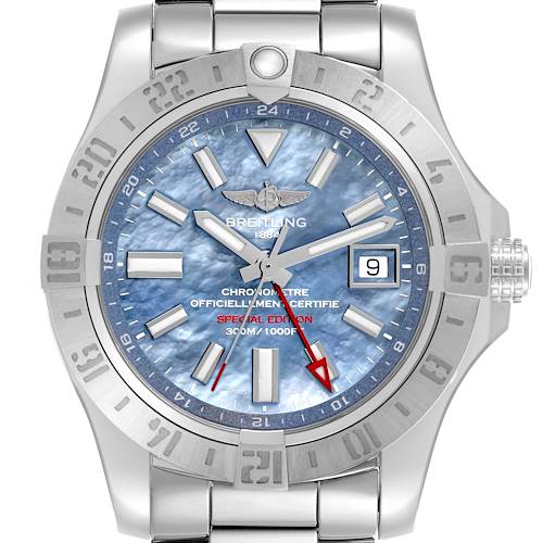 The Breitling Avenger A3239011/C930 Men's Stainless Steel Mother of Pearl Dial A3239011/C930 Men's Stainless Steel Mother of Pearl Dial watch is shown from the front, highlighting its dial, bezel, crown, and bracelet.