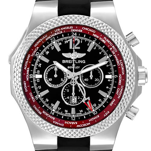 The image shows a front view of a Breitling Bentley A47362X8/B919 Men's Stainless Steel Black Dial A47362X8/B919 Men's Stainless Steel Black Dial watch, highlighting its bezel, dial, sub-dials, and pushers.