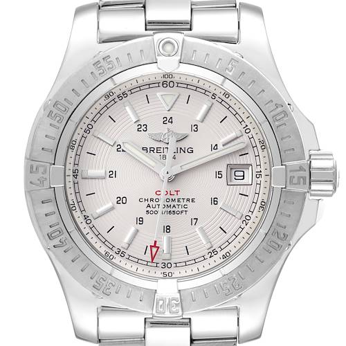 This image shows a front view of the Breitling Colt A17380 Men's Stainless Steel Silver Dial A17380 Men's Stainless Steel Silver Dial watch, highlighting its dial, bezel, hands, and date window.