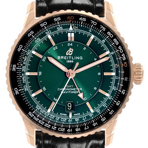 The image shows a frontal view of the Breitling Navitimer R32310 Men's Rose Gold Green Dial R32310 Men's Rose Gold Green Dial, highlighting the dial, bezel, and strap.
