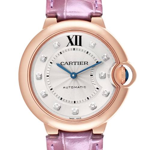 The Cartier Ballon Bleu WJBB0010 Women's Rose Gold Silver Dial WJBB0010 Women's Rose Gold Silver Dial watch is shown from the front, highlighting its dial, Roman numeral XII, and diamond hour markers.