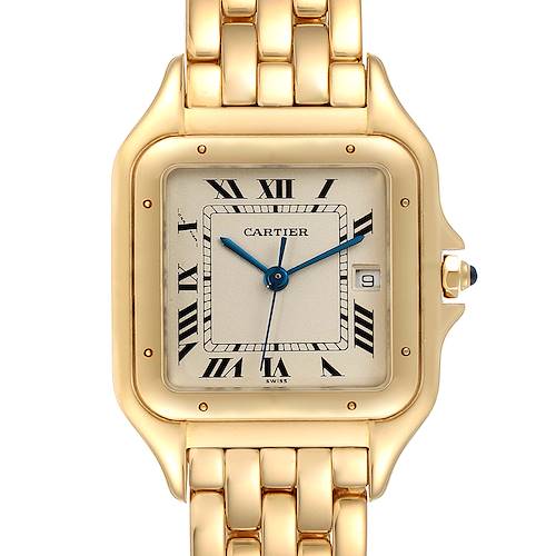 This is a front view of the Cartier Panthere W25014B9 Men's Yellow Gold Silver Dial W25014B9 Men's Yellow Gold Silver Dial model showing the gold case, bracelet, dial, and hands.