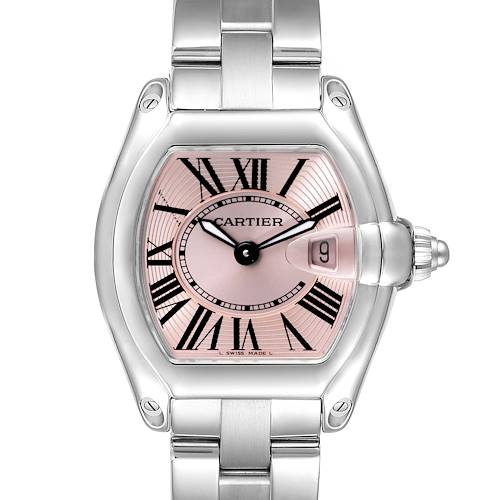 This image shows a front view of the Cartier Roadster W62017V3 Women's Stainless Steel Pink Dial W62017V3 Women's Stainless Steel Pink Dial watch, highlighting the dial, bezel, and part of the bracelet.