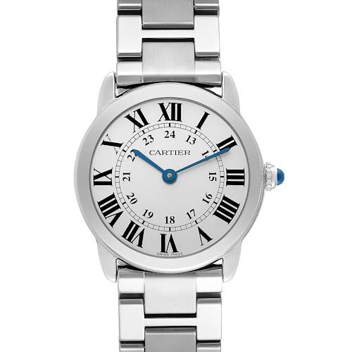 The Cartier Ronde W6700155 Women's Stainless Steel Silver Dial W6700155 Women's Stainless Steel Silver Dial watch is shown from a front angle, highlighting its dial, Roman numerals, and metal bracelet.