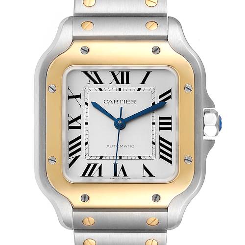 The image shows a close-up of the Cartier Santos W2SA0007 Men's Steel and Gold (two tone) Silver Dial W2SA0007 Men's Steel and Gold (two tone) Silver Dial watch face, including the case, bezel, and part of the bracelet.