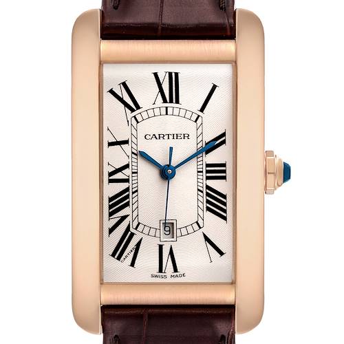 The image shows a front view of the Cartier Tank Americaine W2609156 Men's Rose Gold Silver Dial W2609156 Men's Rose Gold Silver Dial watch, highlighting its rectangular face, Roman numerals, and leather strap.