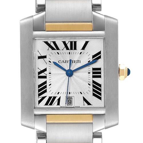The image shows a close-up front view of the Cartier Tank Francaise W51005Q4 Men's Steel and Gold (two tone) Silver Dial W51005Q4 Men's Steel and Gold (two tone) Silver Dial watch, featuring its dial and part of the bracelet.