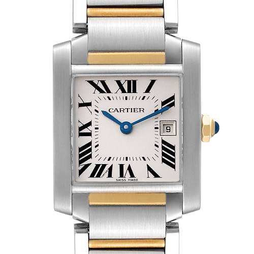 The image shows a Cartier Tank Francaise W51012Q4 Women's Steel and Gold (two tone) Silver Dial W51012Q4 Women's Steel and Gold (two tone) Silver Dial watch from a front view, highlighting its face, Roman numerals, hands, and part of the bracelet.