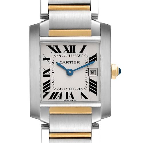 The Cartier Tank Française watch is shown close-up, highlighting its square face, Roman numerals, and two-tone metal bracelet.