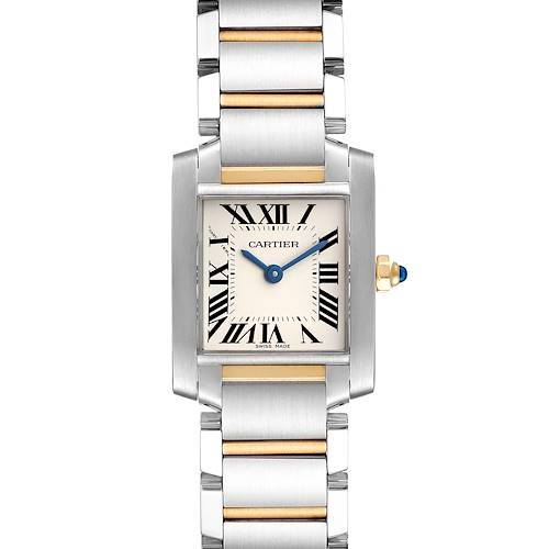 The Cartier Tank Francaise W51007Q4 Women's Steel and Gold (two tone) Silver Dial W51007Q4 Women's Steel and Gold (two tone) Silver Dial watch is shown from a top-down angle, highlighting its face, bezel, crown, and bracelet.