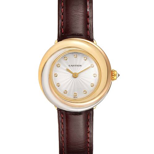 The image shows a frontal view of the Cartier Trinity W200246 Women's Yellow Gold Beige Dial W200246 Women's Yellow Gold Beige Dial model watch, including its dial, bezel, and strap.