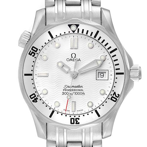 This image shows a frontal view of the Omega Seamaster 2562.20.00 Men's Stainless Steel White Dial 2562.20.00 Men's Stainless Steel White Dial watch, highlighting the face, bezel, crown, and part of the bracelet.