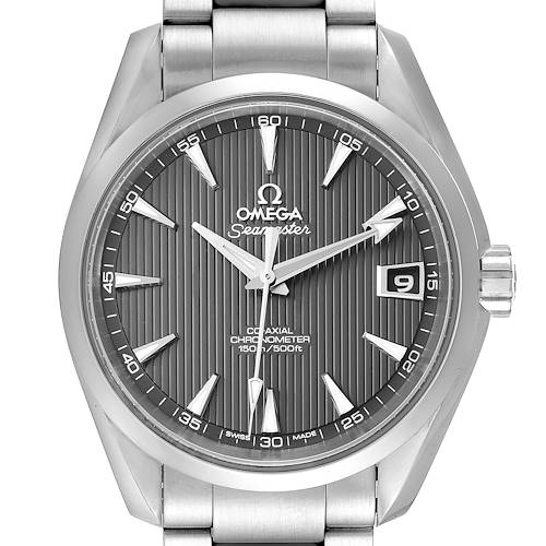This image shows a front view of the Omega Aqua Terra 231.10.39.21.06.001 Men's Stainless Steel Grey Dial 231.10.39.21.06.001 Men's Stainless Steel Grey Dial model, highlighting the dial, hands, and date window.