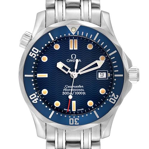 The Omega Seamaster 2561.80.00 Men's Stainless Steel Blue Dial 2561.80.00 Men's Stainless Steel Blue Dial watch is shown from the front, displaying its dial, bezel, hands, and bracelet.