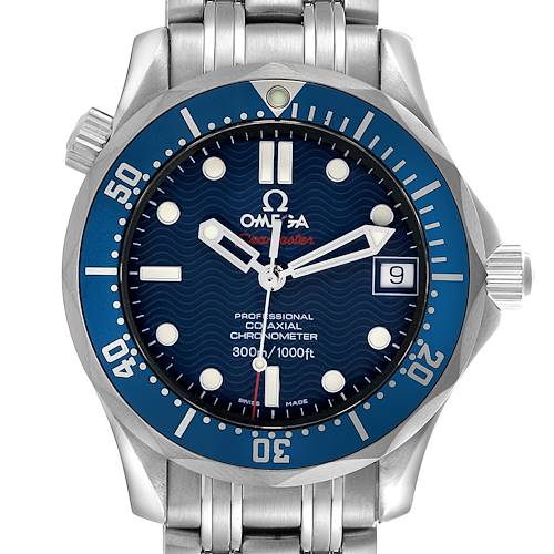 The Omega Seamaster 2222.80.00 Men's Stainless Steel Blue Dial 2222.80.00 Men's Stainless Steel Blue Dial is shown from a front angle, displaying its blue dial, bezel, bracelet, and date function.