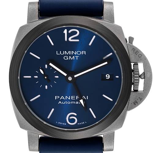 This image shows a front view of a Panerai Luminor PAM01279 Men's Titanium Blue Dial PAM01279 Men's Titanium Blue Dial GMT watch, highlighting its blue dial, crown guard, and date display.