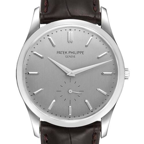 The image shows a front view of a Patek Philippe Calatrava 5196G Men's White Gold Silver Dial 5196G Men's White Gold Silver Dial watch with a silver dial and a leather strap.