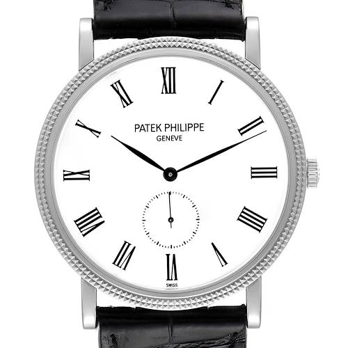 The image shows a front view of a Patek Philippe Calatrava 5119G Men's White Gold White Dial 5119G Men's White Gold White Dial watch, including its face, bezel, crown, and part of the strap.