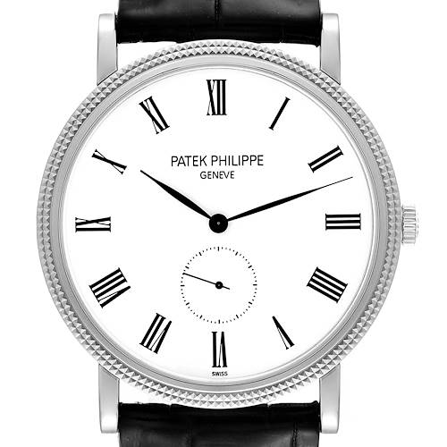 The image shows a frontal view of the Patek Philippe Calatrava 5119G Men's White Gold White Dial 5119G Men's White Gold White Dial watch's face and leather strap.