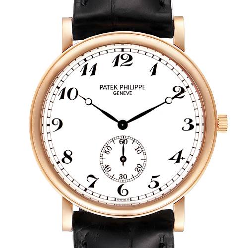 This is a front-facing image of the Patek Philippe Calatrava 5022R Men's Rose Gold White Dial 5022R Men's Rose Gold White Dial watch showing its dial, hands, and strap.