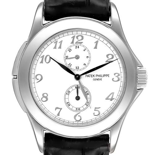 The image shows a front view of the Patek Philippe Calatrava 5134G Men's White Gold White Dial 5134G Men's White Gold White Dial watch, highlighting its face, numerals, and black leather strap.