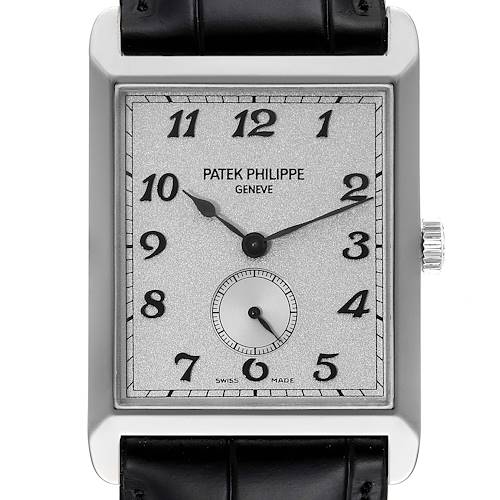 The image shows a frontal view of the Patek Philippe Gondolo 5109G Men's White Gold Silver Dial 5109G Men's White Gold Silver Dial watch, highlighting its face, numerals, and leather strap.