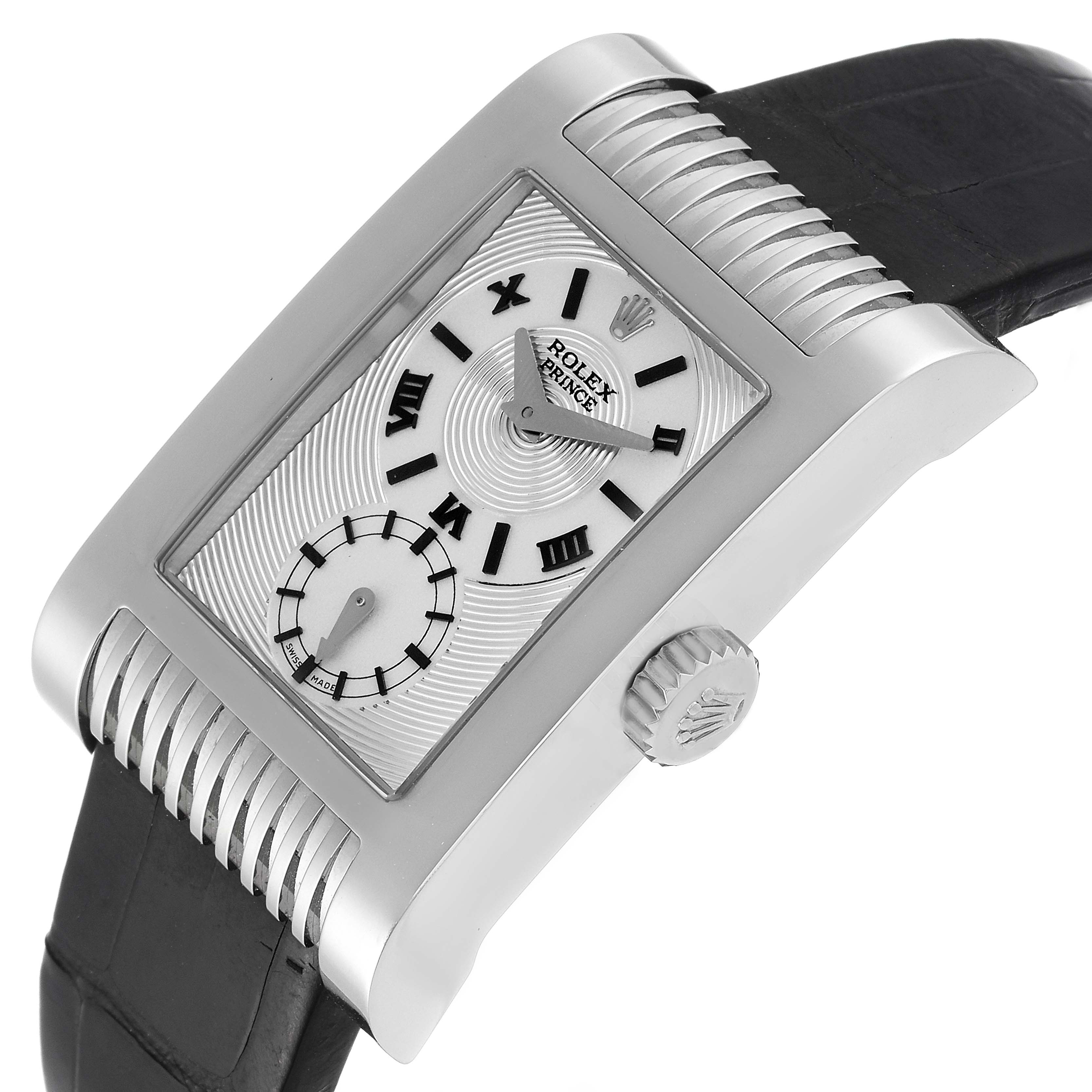 The image shows a close-up view of a Rolex Cellini 5441/9 Men's White Gold Silver Dial 5441/9 Men's White Gold Silver Dial model watch focusing on the dial, crown, and part of the leather strap.