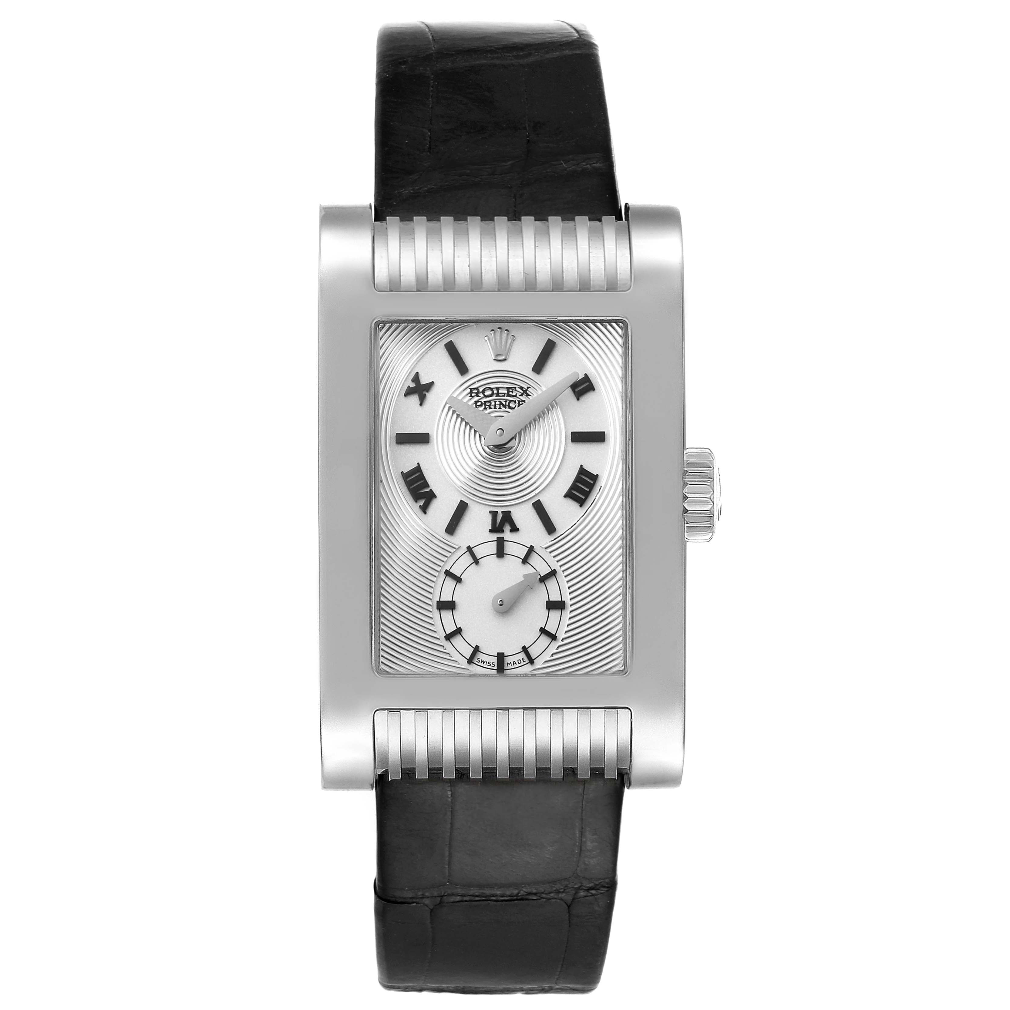 The image shows a frontal view of a Rolex Cellini 5441/9 Men's White Gold Silver Dial 5441/9 Men's White Gold Silver Dial watch, displaying its rectangular dial, case, and black leather strap.
