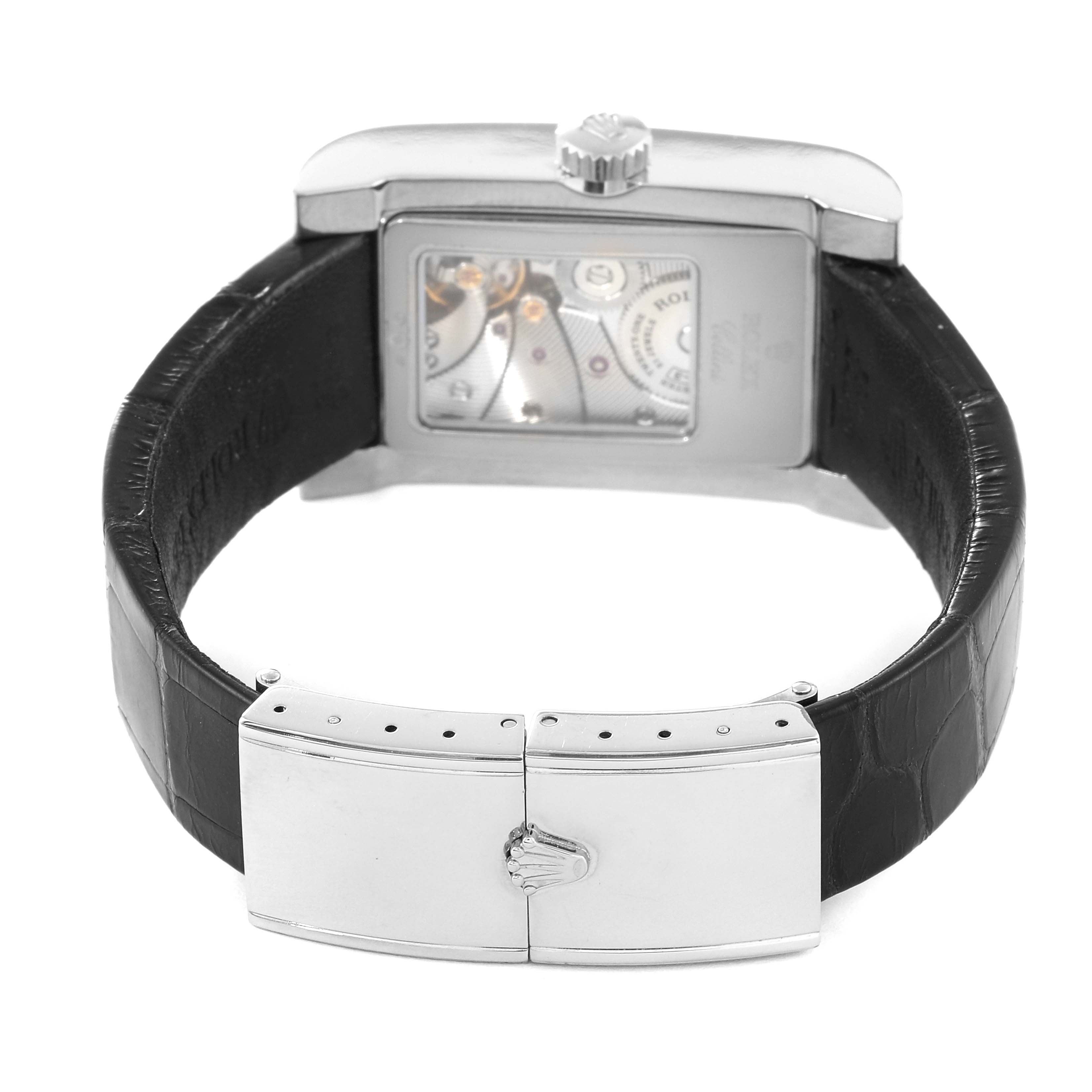 The image shows the back of a Rolex Cellini 5441/9 Men's White Gold Silver Dial 5441/9 Men's White Gold Silver Dial watch, highlighting the clasp, leather strap, and transparent case back with visible movement.