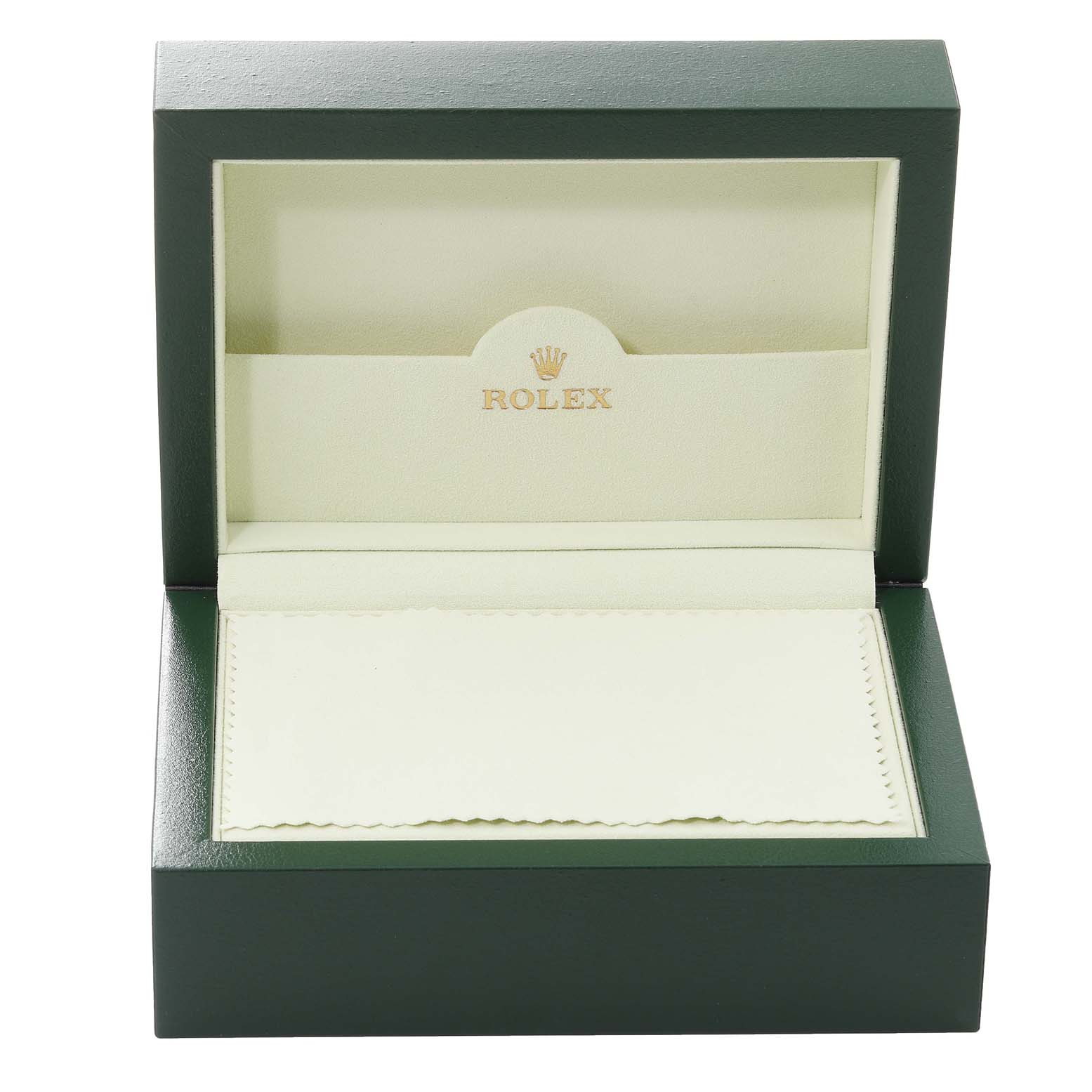 This image shows an open Rolex Cellini 5441/9 Men's White Gold Silver Dial 5441/9 Men's White Gold Silver Dial watch box with a cream interior and the Rolex logo.