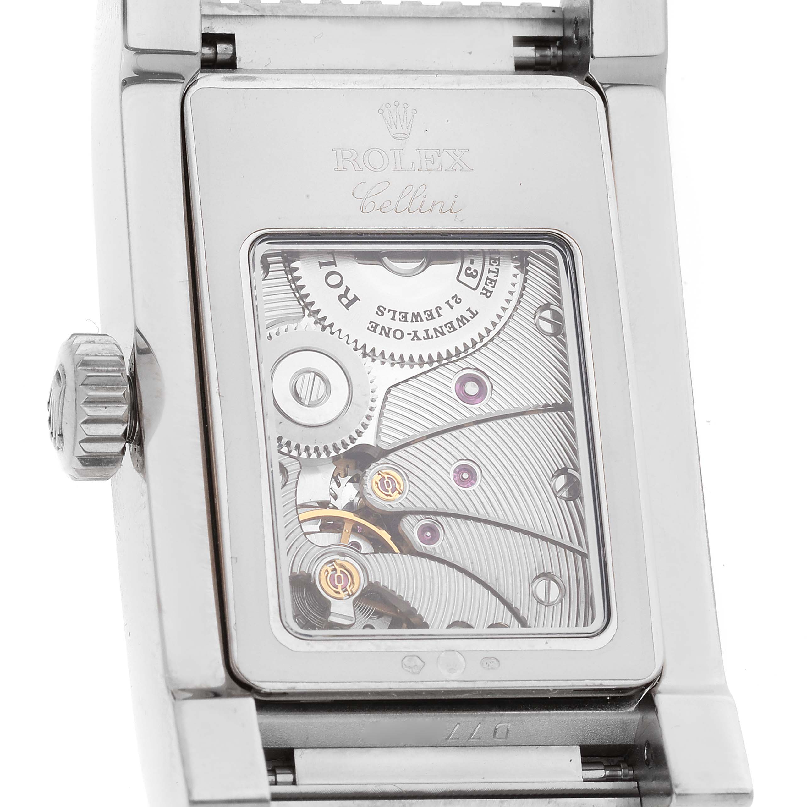 The image shows the inside back view of a Rolex Cellini 5441/9 Men's White Gold Silver Dial 5441/9 Men's White Gold Silver Dial watch, revealing its mechanical movement.