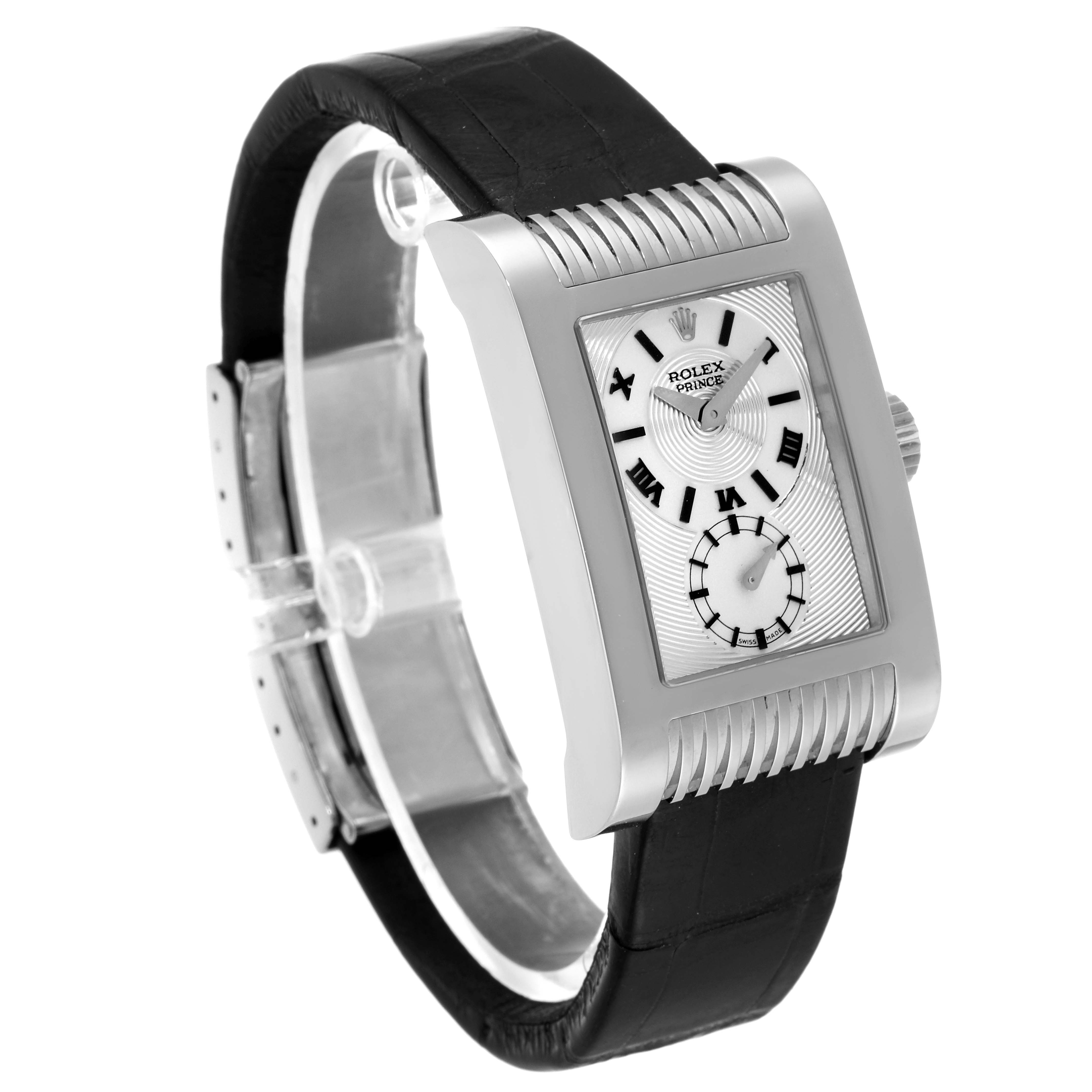 The image shows a Rolex Cellini 5441/9 Men's White Gold Silver Dial 5441/9 Men's White Gold Silver Dial Prince watch from a front-left angle, featuring its rectangular dial and black leather strap.