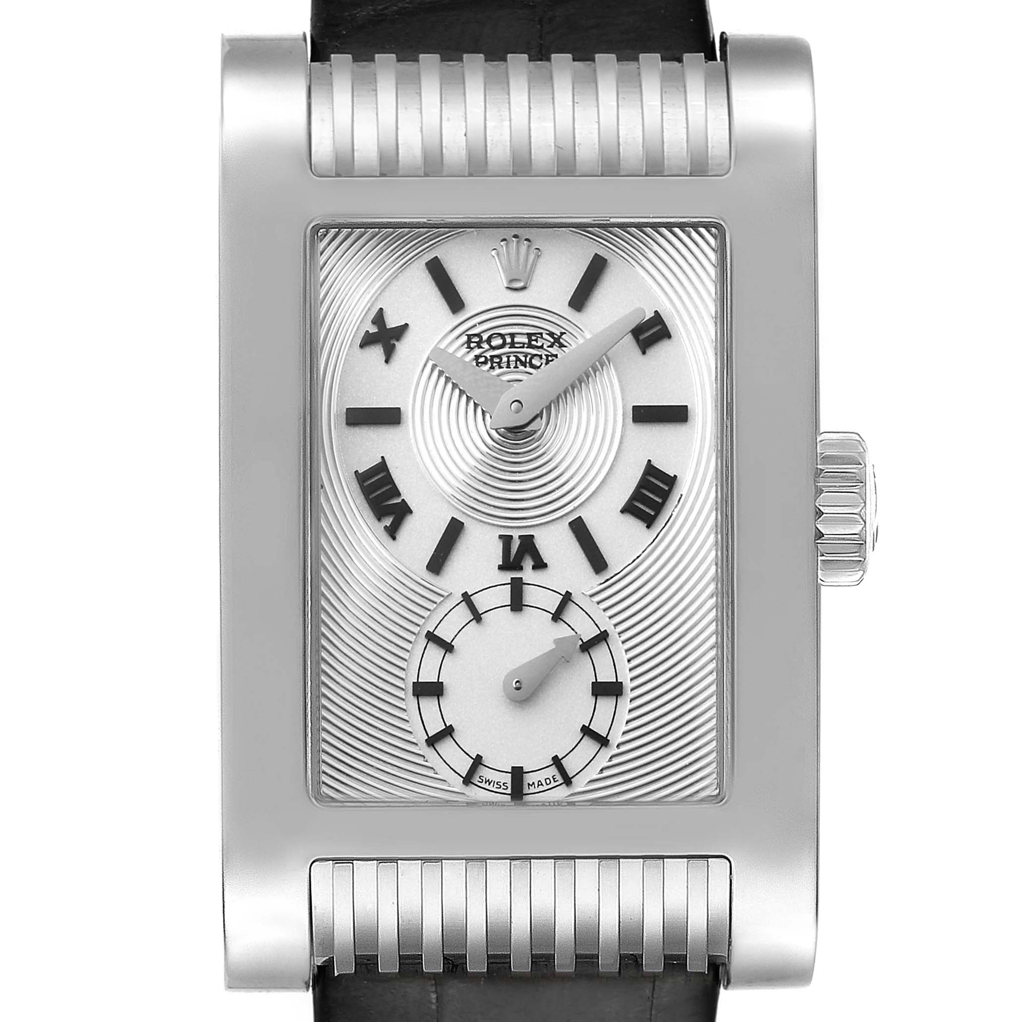 This image shows a front view of a Rolex Cellini 5441/9 Men's White Gold Silver Dial 5441/9 Men's White Gold Silver Dial Prince watch, highlighting its rectangular dial and crown.