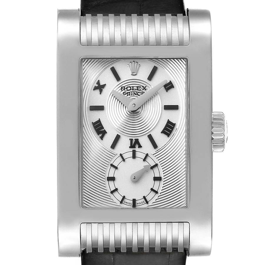 This image shows a front view of a Rolex Cellini 5441/9 Men's White Gold Silver Dial 5441/9 Men's White Gold Silver Dial Prince watch, highlighting its rectangular dial and crown.