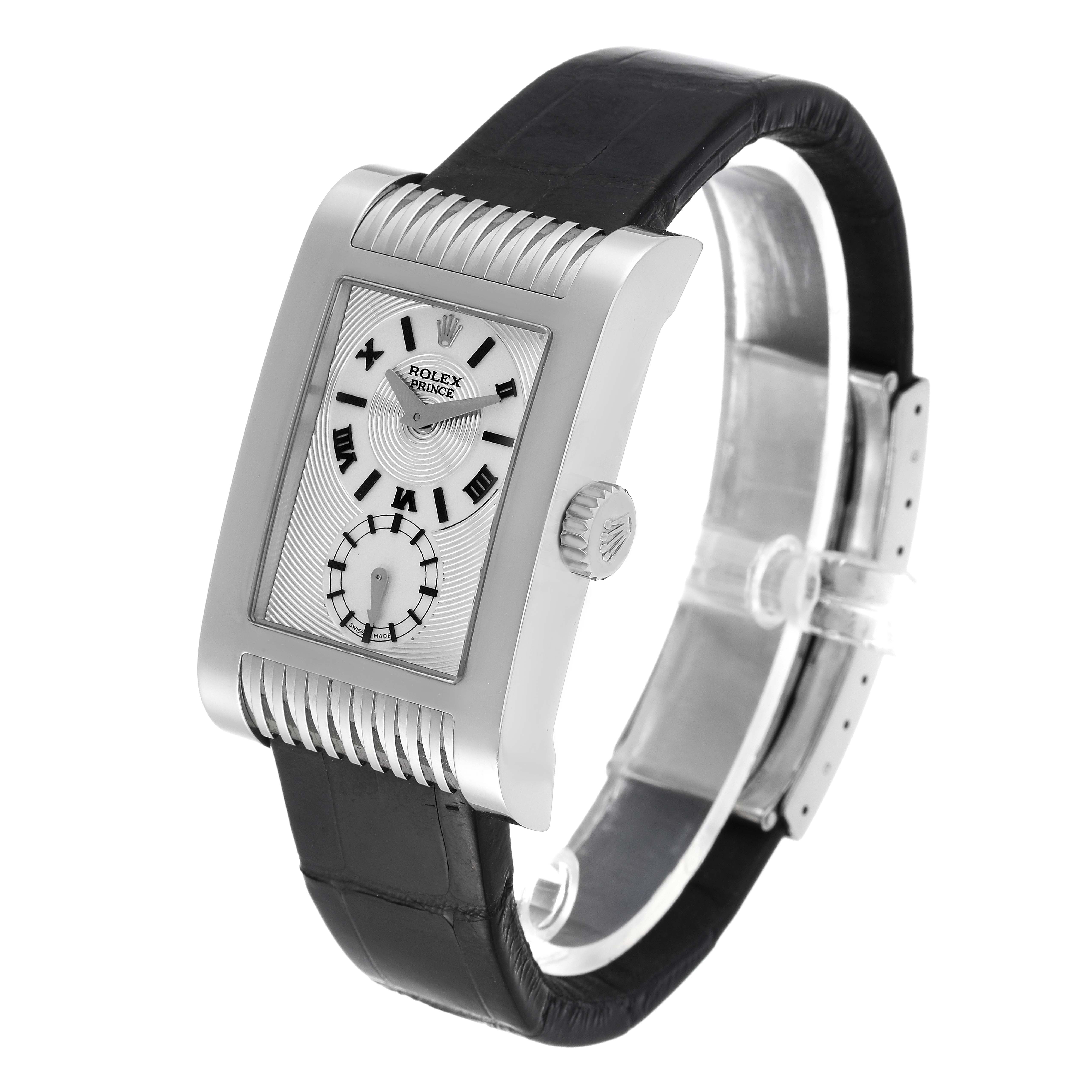 The image shows a side angle of a Rolex Cellini 5441/9 Men's White Gold Silver Dial 5441/9 Men's White Gold Silver Dial watch, highlighting the face, crown, and leather strap.