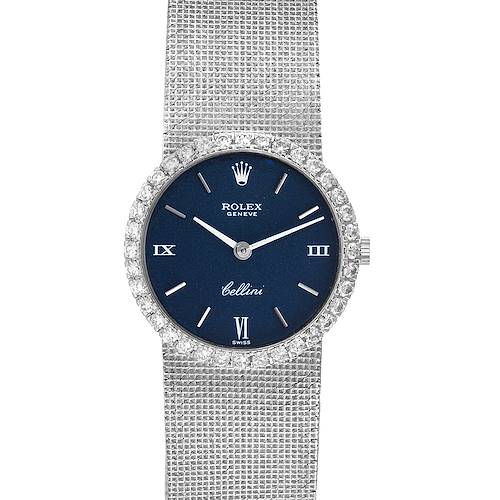 This image shows a front view of a Rolex Cocktail 3812 Women's White Gold Blue Dial 3812 Women's White Gold Blue Dial model watch with a blue dial and a jeweled bezel.