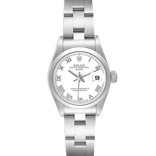 The image shows a Rolex Date 79160 Women's Stainless Steel White Dial 79160 Women's Stainless Steel White Dial model watch from a front view, highlighting its face, bezel, and metal bracelet.