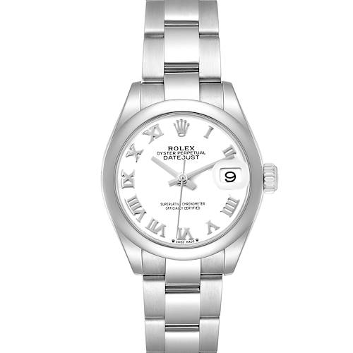 The Rolex Datejust 279160 Women's Stainless Steel White Dial 279160 Women's Stainless Steel White Dial watch is shown from the front, displaying its dial, bracelet, and crown clearly.