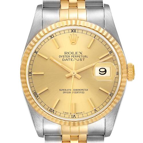 The Rolex Datejust 16233 Men's Steel and Gold (two tone) Champagne Dial 16233 Men's Steel and Gold (two tone) Champagne Dial watch is shown from the front, displaying its dial, hands, bezel, and part of the bracelet.