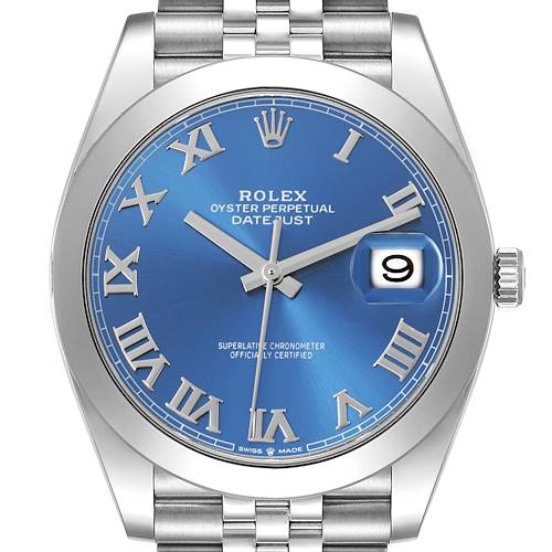 The image shows a front view of the Rolex Datejust 41 126300 Men's Stainless Steel Blue Dial 126300 Men's Stainless Steel Blue Dial, highlighting the blue dial, Roman numerals, and cyclops lens over the date.