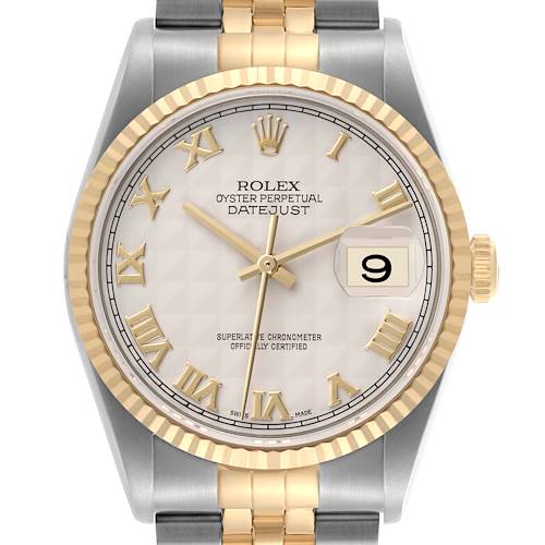 The image shows a frontal view of a Rolex Datejust 16233 Men's Steel and Gold (two tone) Beige Dial 16233 Men's Steel and Gold (two tone) Beige Dial watch, displaying its dial, bezel, and part of the bracelet.