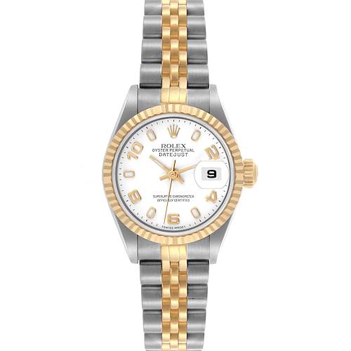 This Rolex Datejust 79173 Women's Steel and Gold (two tone) White Dial 79173 Women's Steel and Gold (two tone) White Dial watch is shown from a front view, highlighting its white dial, gold fluted bezel, and two-tone bracelet.