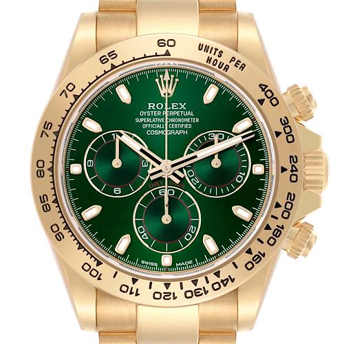 The Rolex Daytona 116508 Men's Yellow Gold Green Dial 116508 Men's Yellow Gold Green Dial watch is shown from a front angle, highlighting the green dial, three sub-dials, and gold bezel with tachymetric scale.